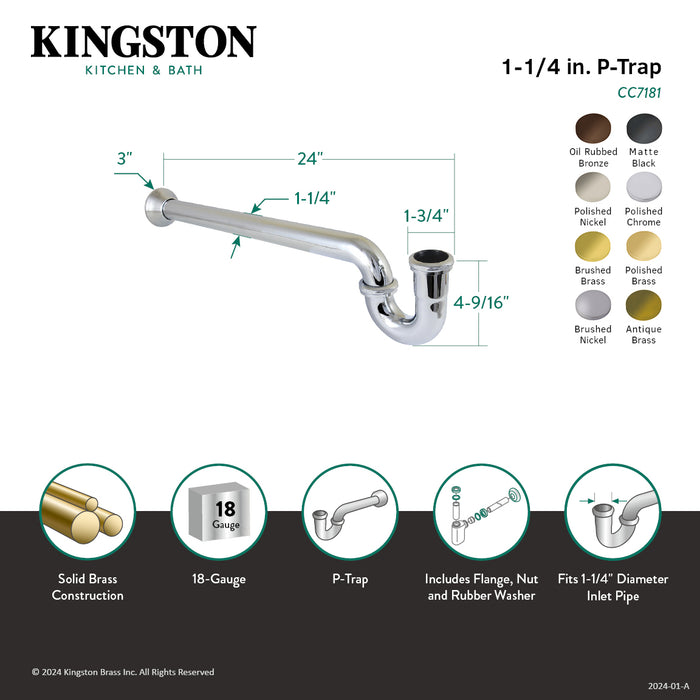 Kingston Vintage CC7182 1-1/4 Inch Decor P-Trap with Bell Flange, 24 Inch Length, 18 Gauge, Polished Brass
