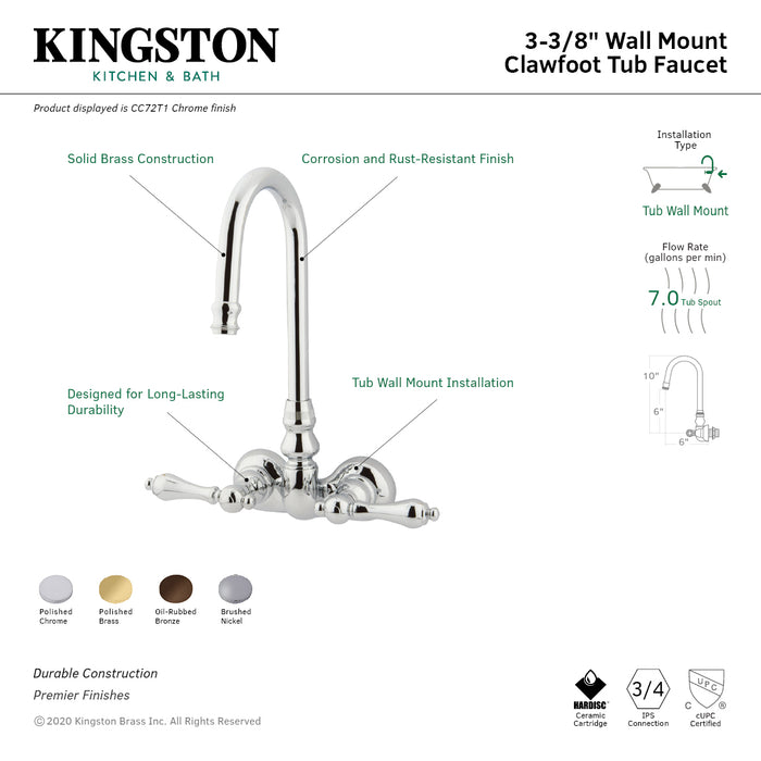 Kingston Heirloom CC71T8 - Vintage Two-Handle 2-Hole Tub Wall Mount Clawfoot Tub Faucet, Brushed Nickel