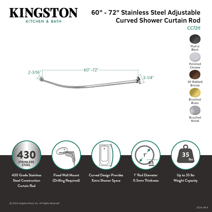 Kingston Edenscape CC7210 72-Inch Stainless Steel Single Curved Shower Curtain Rod, Matte Black