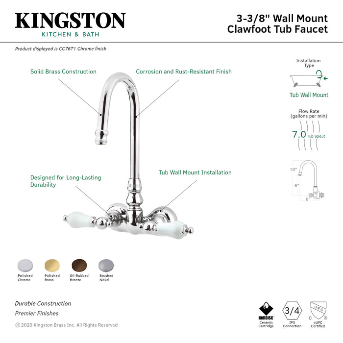 Kingston Tulare CC75T8 - Vintage Two-Handle 2-Hole Tub Wall Mount Clawfoot Tub Faucet, Brushed Nickel