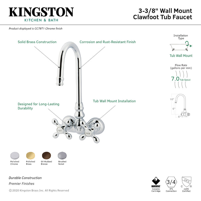 Kingston Heirloom CC78T1 - Vintage Two-Handle 2-Hole Tub Wall Mount Clawfoot Tub Faucet, Polished Chrome