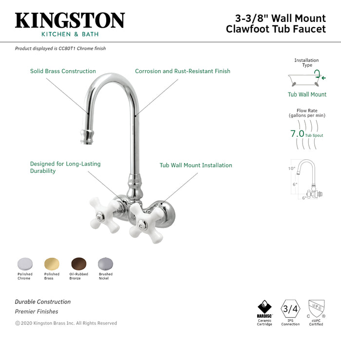Kingston Heirloom CC79T2 - Vintage Two-Handle 2-Hole Tub Wall Mount Clawfoot Tub Faucet, Polished Brass