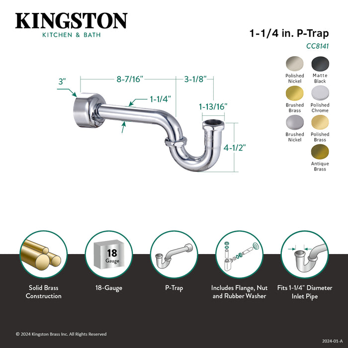 Kingston Circlet CC8148 1-1/4-inch Brass P-Trap, 18 Gauge, Brushed Nickel