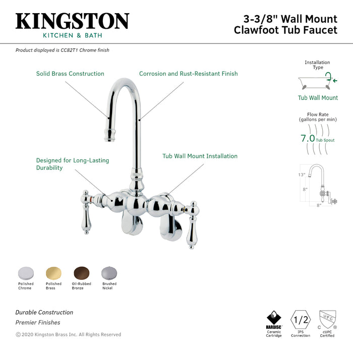 Kingston Heirloom CC81T2 - Vintage Two-Handle 2-Hole Tub Wall Mount Clawfoot Tub Faucet, Polished Brass