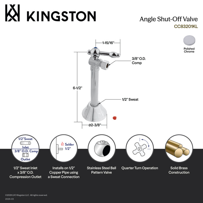 Kingston Tulare CC83201KL - Vintage 1/2-Inch Sweat x 3/8-Inch O.D. Comp Angle Shut-Off Valve with 5-Inch Extension, Polished Chrome