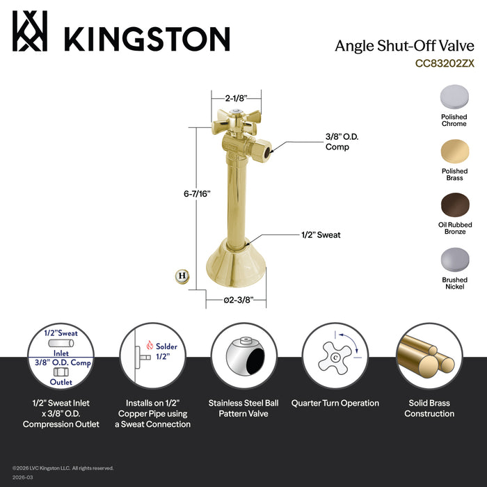 Kingston Tulare CC83202ZX - Millennium 1/2-Inch Sweat x 3/8-Inch O.D. Comp Angle Shut-Off Valve with 5-Inch Extension, Polished Brass