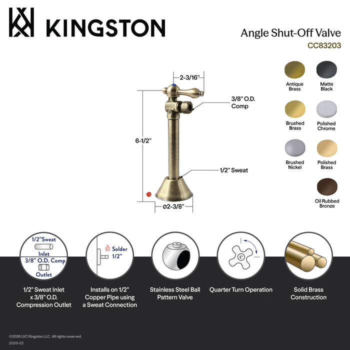Kingston Heirloom CC83203 - Vintage 1/2-Inch Sweat x 3/8-Inch O.D. Comp Angle Shut-Off Valve with 5-Inch Extension, Antique Brass