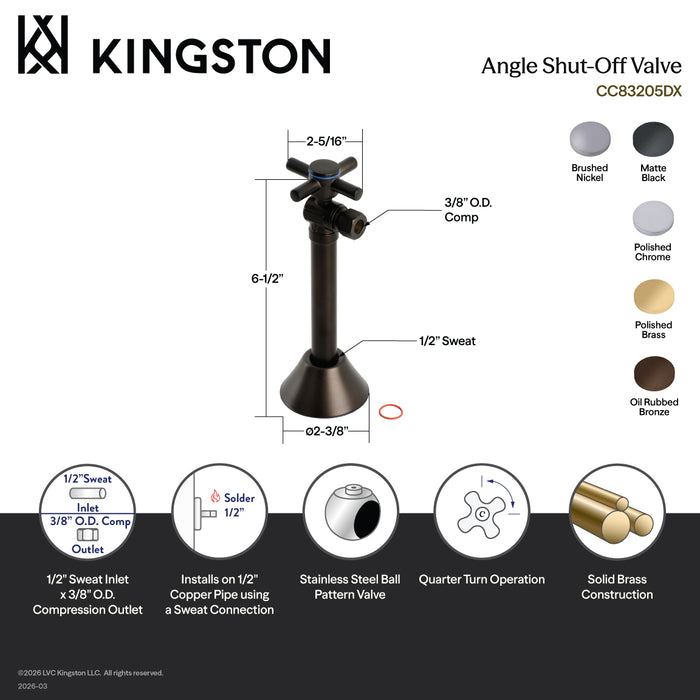Kingston Sona CC83205DX - Concord 1/2-Inch Sweat x 3/8-Inch O.D. Comp Angle Shut-Off Valve with 5-Inch Extension, Oil Rubbed Bronze
