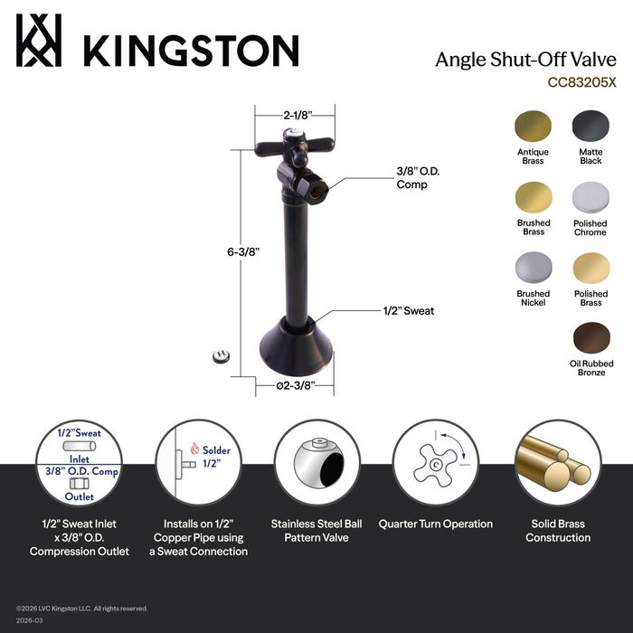 Kingston Heirloom CC83207X - Vintage 1/2-Inch Sweat x 3/8-Inch O.D. Comp Angle Shut-Off Valve with 5-Inch Extension, Brushed Brass