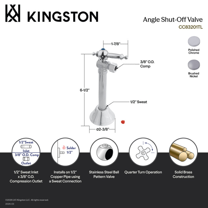 Kingston Tulare CC83208TL - Vintage 1/2-Inch Sweat x 3/8-Inch O.D. Comp Angle Shut-Off Valve with 5-Inch Extension, Brushed Nickel