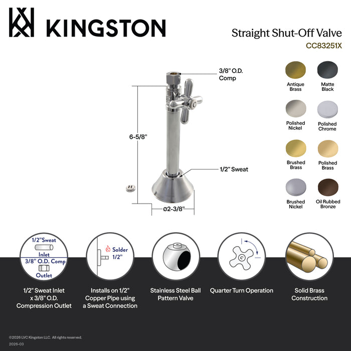 Kingston Heirloom CC83256X - Vintage 1/2-Inch Sweat x 3/8-Inch O.D. Comp Straight Shut-Off Valve with 5-Inch Extension, Polished Nickel
