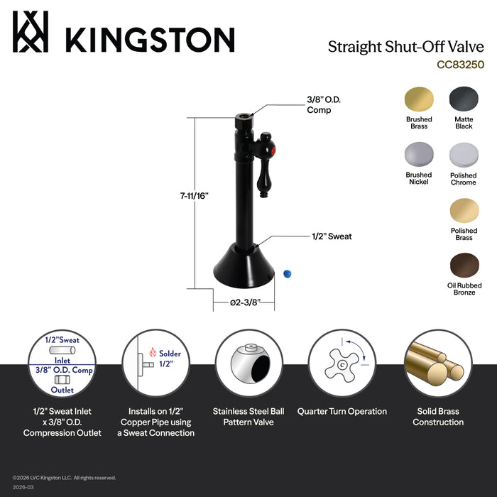 Kingston Heirloom CC83258 - Vintage 1/2-Inch Sweat x 3/8-Inch O.D. Comp Straight Shut-Off Valve with 5-Inch Extension, Brushed Nickel