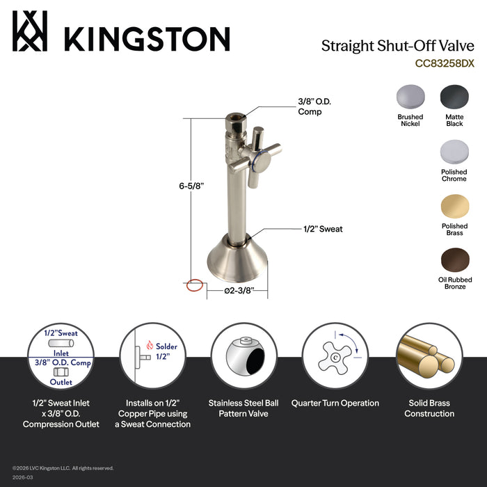 Kingston Sona CC83258DX - Concord 1/2-Inch Sweat x 3/8-Inch O.D. Comp Straight Shut-Off Valve with 5-Inch Extension, Brushed Nickel