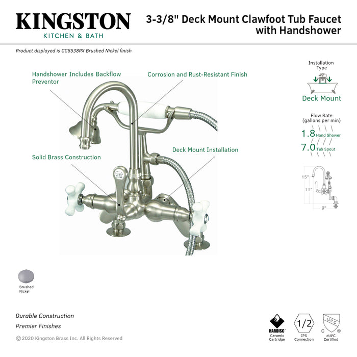 Kingston Heirloom CC8538PX Three-Handle 2-Hole Deck-Mount Clawfoot Tub Faucet with Hand Shower, Brushed Nickel