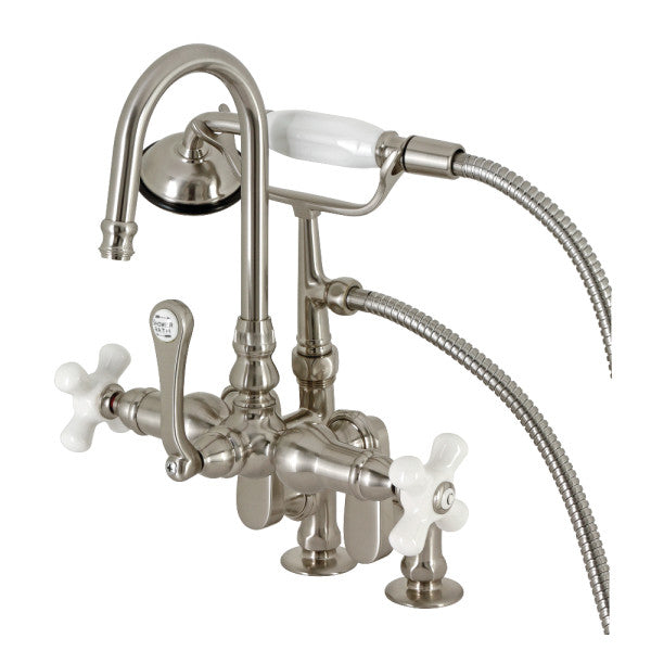 Kingston Heirloom CC8538PX Three-Handle 2-Hole Deck-Mount Clawfoot Tub Faucet with Hand Shower, Brushed Nickel