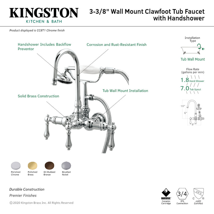 Kingston Heirloom CC8T1 - Vintage Three-Handle 2-Hole Tub Wall Mount Clawfoot Tub Faucet with Hand Shower, Polished Chrome