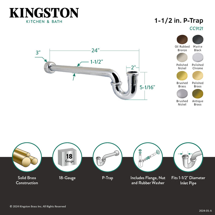 Kingston Trimscape CC9128 1-1/2 Inch Decor P-Trap with High Box Flange, 24 Inch Length, 18 Gauge, Brushed Nickel