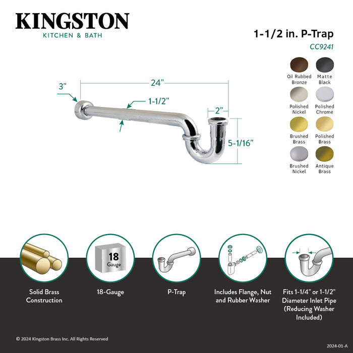 Kingston Trimscape CC9246 1-1/4 (or 1-1/2) x 1-1/2 Inch Decor P-Trap with High Box Flange, 24 Inch Length, 18 Gauge, Polished Nickel