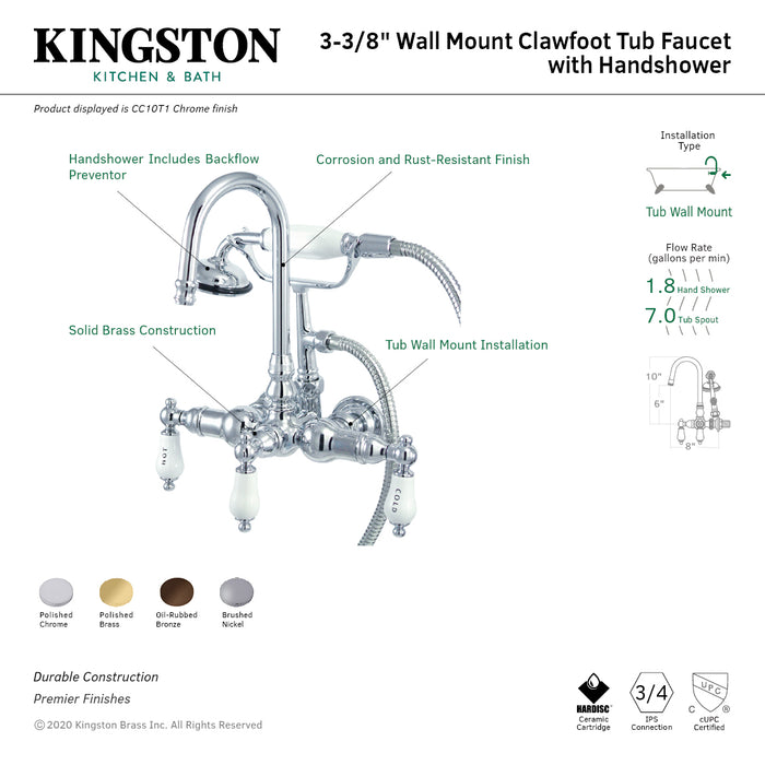 Kingston Heirloom CC9T2 - Vintage Three-Handle 2-Hole Tub Wall Mount Clawfoot Tub Faucet with Hand Shower, Polished Brass