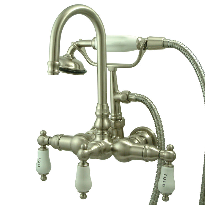 Kingston Heirloom CC9T8 - Vintage Three-Handle 2-Hole Tub Wall Mount Clawfoot Tub Faucet with Hand Shower, Brushed Nickel