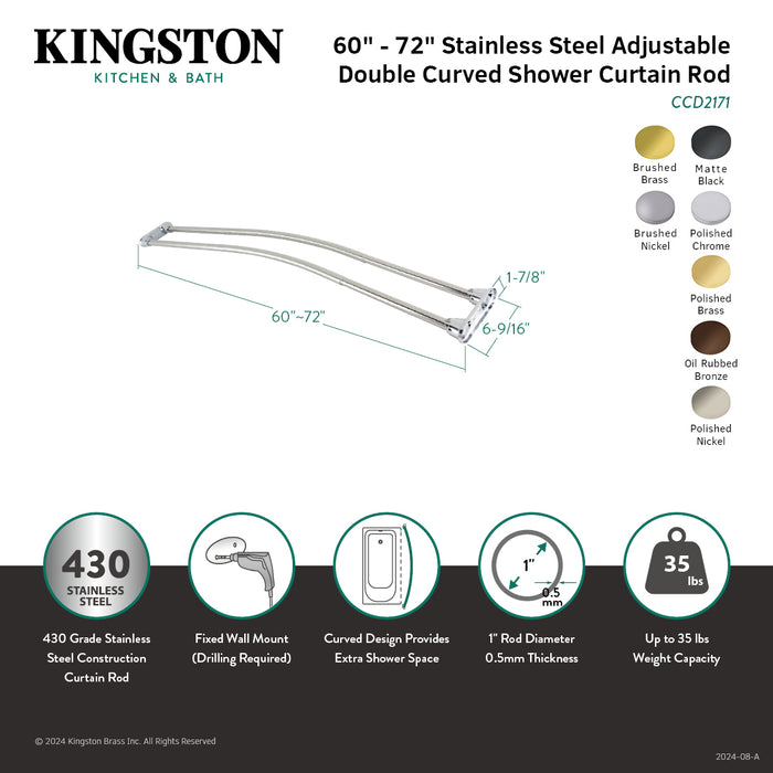 Kingston Edenscape CCD2178 60-Inch to 72-Inch Adjustable Double Curved Shower Curtain Rod, Brushed Nickel