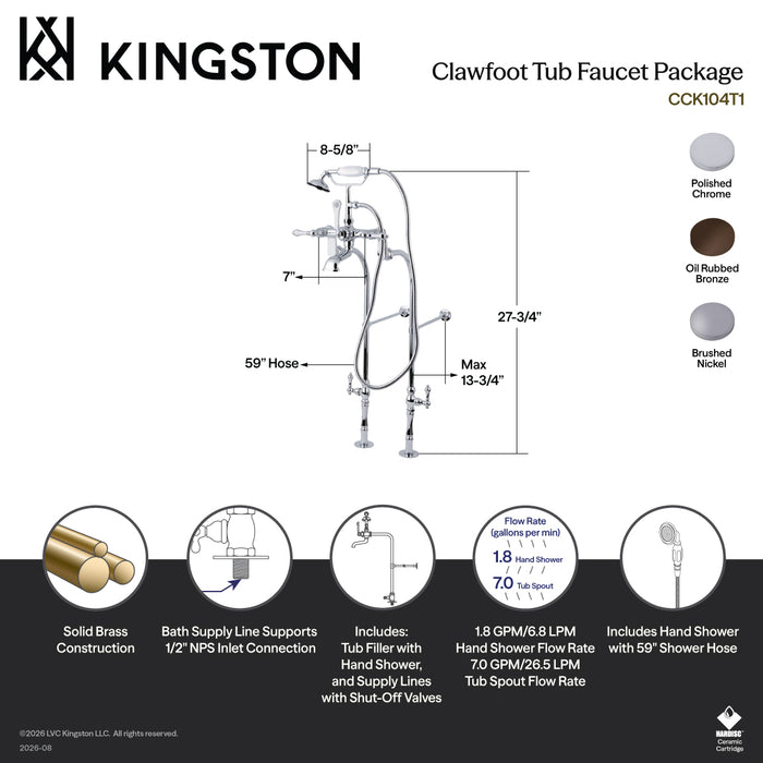 Kingston Heirloom CCK103T5 - Vintage Three-Handle 2-Hole Freestanding Clawfoot Tub Faucet Package with Supply Line and Hand Shower, Oil Rubbed Bronze