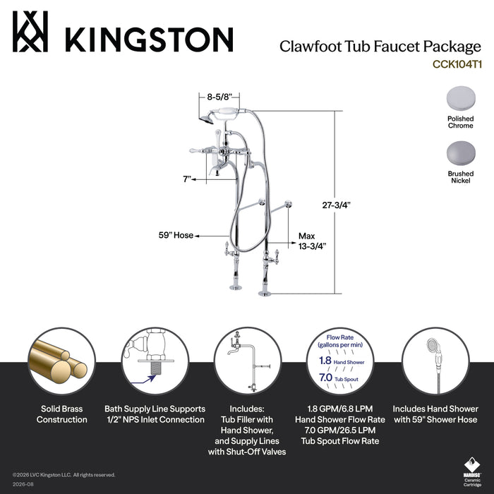 Kingston Heirloom CCK103T8 - Vintage Three-Handle 2-Hole Freestanding Clawfoot Tub Faucet Package with Supply Line and Hand Shower, Brushed Nickel