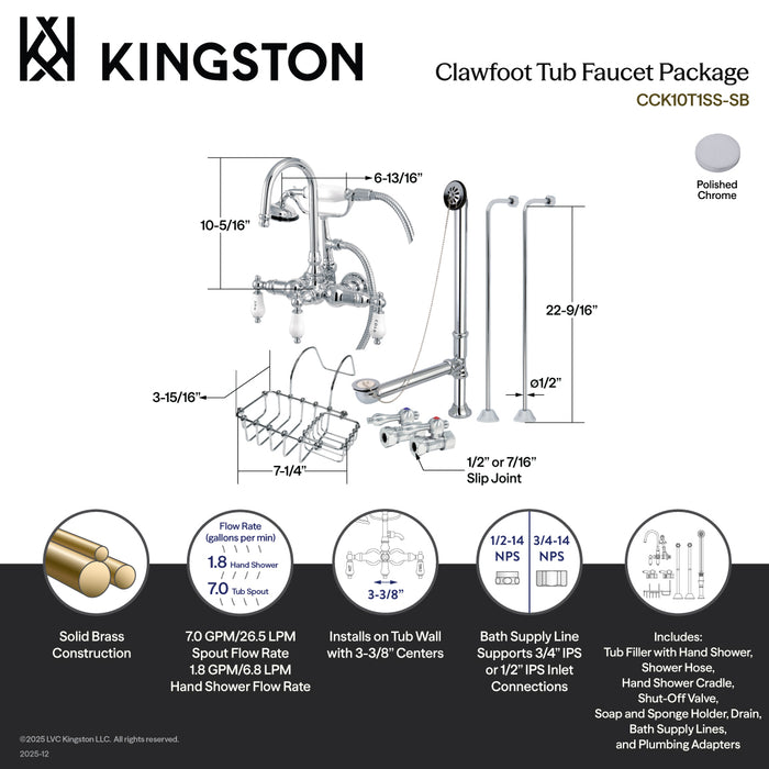 Kingston Heirloom CCK10T1SS-SB - Vintage Three-Handle 2-Hole Tub Wall Mount Clawfoot Tub Faucet Package with Supply Line, Hand Shower and Tub Drain, Polished Chrome