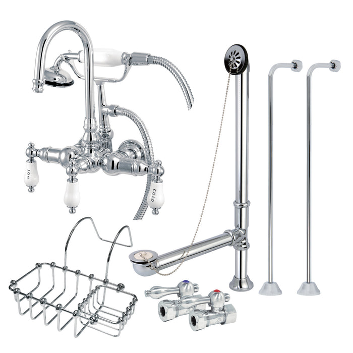 Kingston Heirloom CCK10T1SS-SB - Vintage Three-Handle 2-Hole Tub Wall Mount Clawfoot Tub Faucet Package with Supply Line, Hand Shower and Tub Drain, Polished Chrome