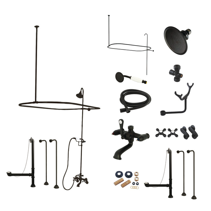 Kingston Heirloom CCK1140AX - Vintage Three-Handle 2-Hole Tub Wall Mount Clawfoot Tub Faucet Package with Shower Enclosure and Hand Shower, Matte Black