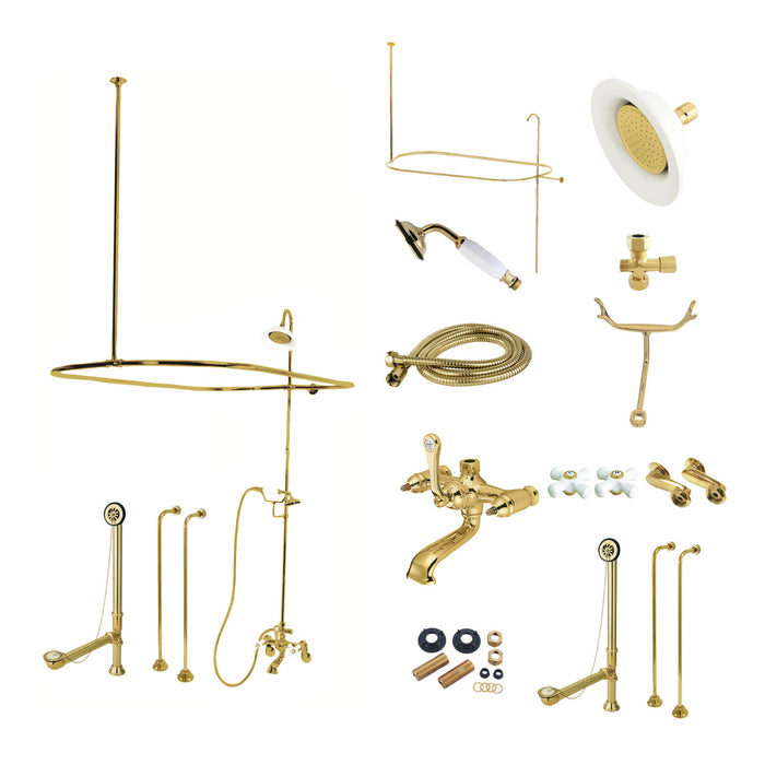 Kingston Heirloom CCK1142PX - Vintage Three-Handle 2-Hole Tub Wall Mount Clawfoot Tub Faucet Package with Shower Enclosure and Hand Shower, Polished Brass