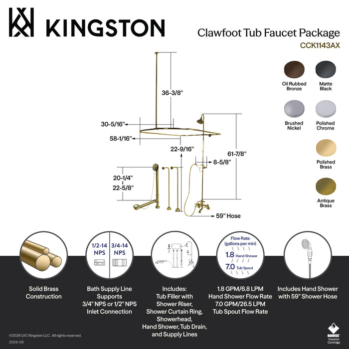 Kingston Heirloom CCK1143AX - Vintage Three-Handle 2-Hole Tub Wall Mount Clawfoot Tub Faucet Package with Shower Enclosure and Hand Shower, Antique Brass