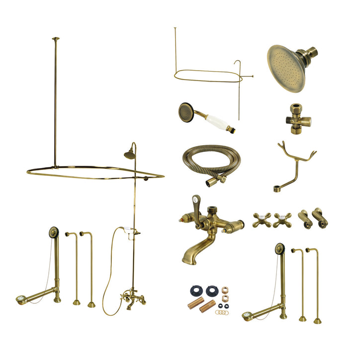 Kingston Heirloom CCK1143AX - Vintage Three-Handle 2-Hole Tub Wall Mount Clawfoot Tub Faucet Package with Shower Enclosure and Hand Shower, Antique Brass