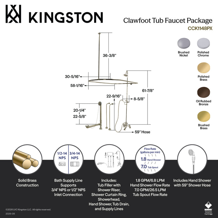 Kingston Heirloom CCK1147PX - Vintage Three-Handle 2-Hole Tub Wall Mount Clawfoot Tub Faucet Package with Shower Enclosure and Hand Shower, Brushed Brass