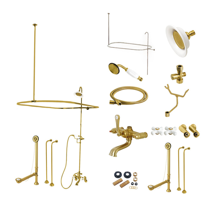Kingston Heirloom CCK1147PX - Vintage Three-Handle 2-Hole Tub Wall Mount Clawfoot Tub Faucet Package with Shower Enclosure and Hand Shower, Brushed Brass