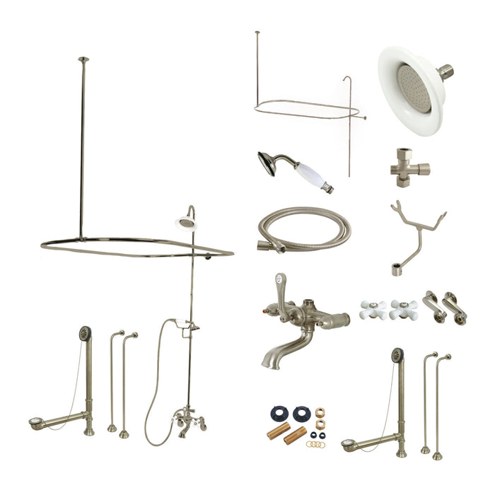 Kingston Heirloom CCK1148PX - Vintage Three-Handle 2-Hole Tub Wall Mount Clawfoot Tub Faucet Package with Shower Enclosure and Hand Shower, Brushed Nickel