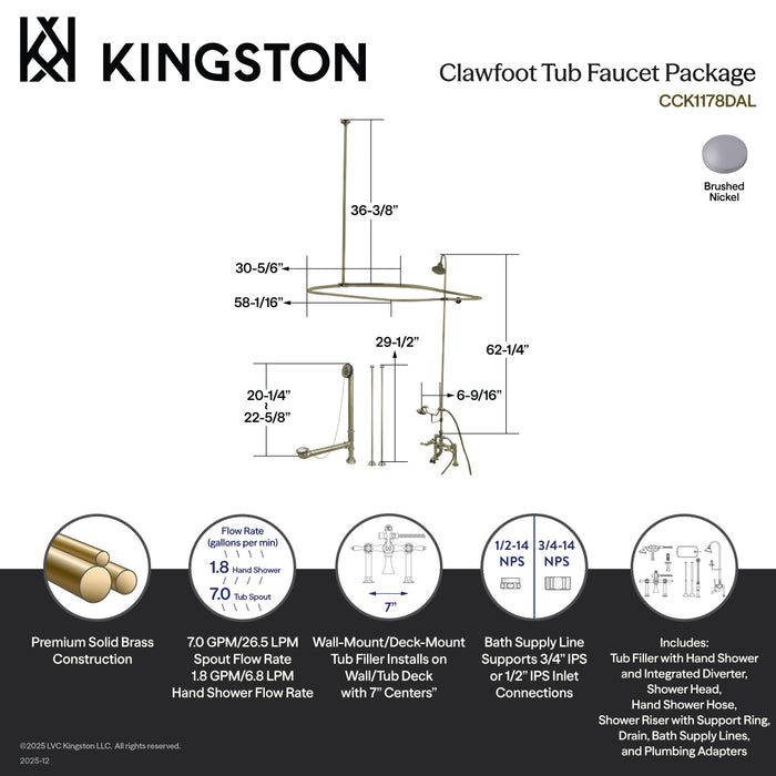 Kingston Heirloom CCK1178DAL - Vintage Two-Handle 2-Hole Deck Mount Clawfoot Tub Faucet Package with Shower Enclosure, Hand Shower and Tub Drain, Brushed Nickel