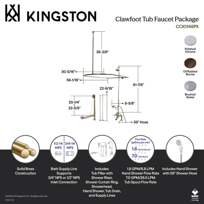 Kingston Heirloom CCK1178DPL - Vintage Three-Handle 2-Hole Deck Mount Clawfoot Tub Faucet Package with Shower Enclosure and Hand Shower, Brushed Nickel