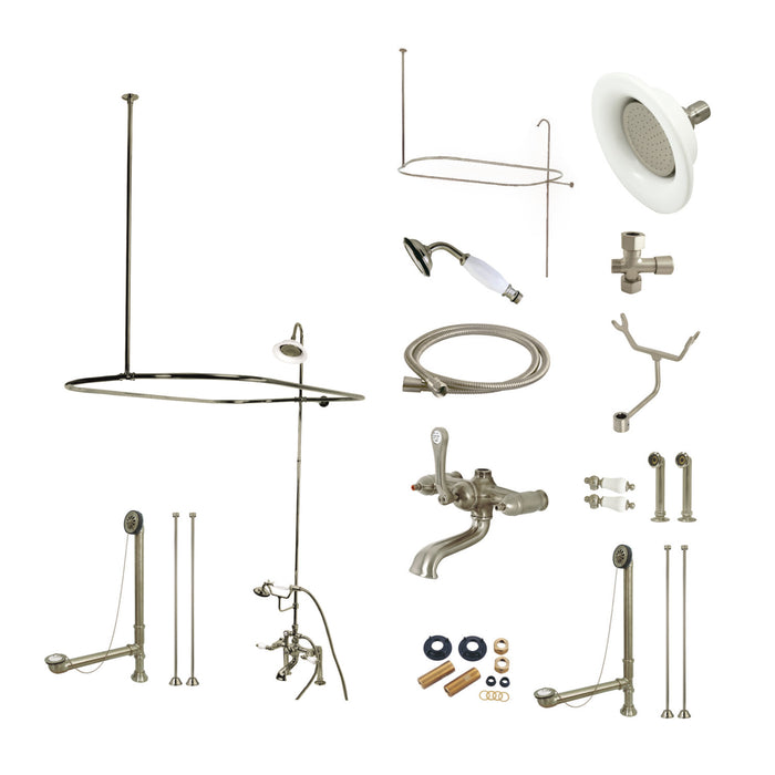 Kingston Heirloom CCK1178DPL - Vintage Three-Handle 2-Hole Deck Mount Clawfoot Tub Faucet Package with Shower Enclosure and Hand Shower, Brushed Nickel