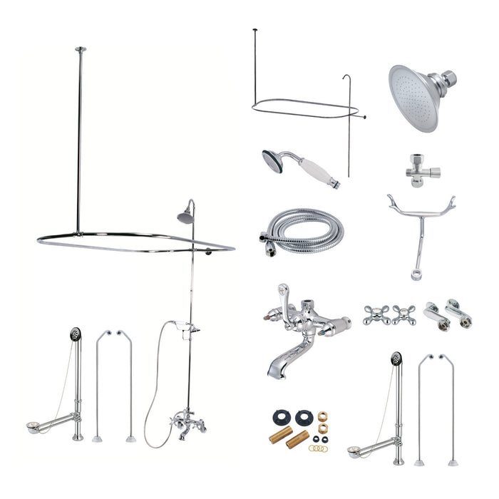 Kingston Heirloom CCK1181AX - Vintage Three-Handle 2-Hole Tub Wall Mount Clawfoot Tub Faucet Package with Shower Enclosure and Hand Shower, Polished Chrome