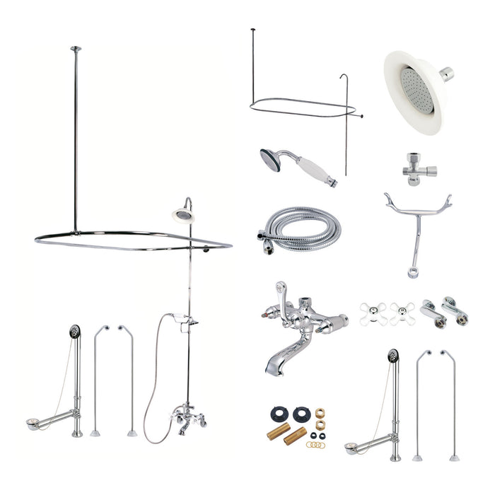 Kingston Heirloom CCK1181PX - Vintage Three-Handle 2-Hole Tub Wall Mount Clawfoot Tub Faucet Package with Shower Enclosure and Hand Shower, Polished Chrome