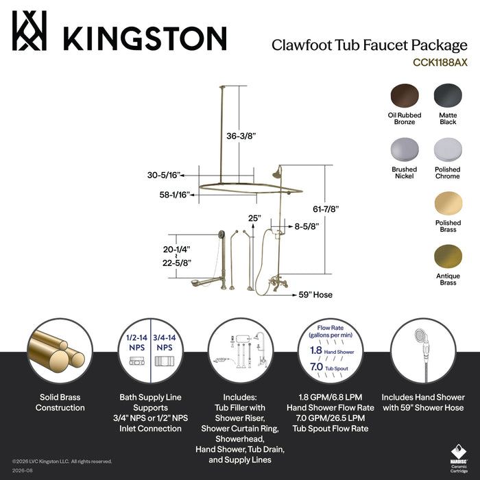 Kingston Heirloom CCK1182AX - Vintage Three-Handle 2-Hole Tub Wall Mount Clawfoot Tub Faucet Package with Shower Enclosure and Hand Shower, Polished Brass
