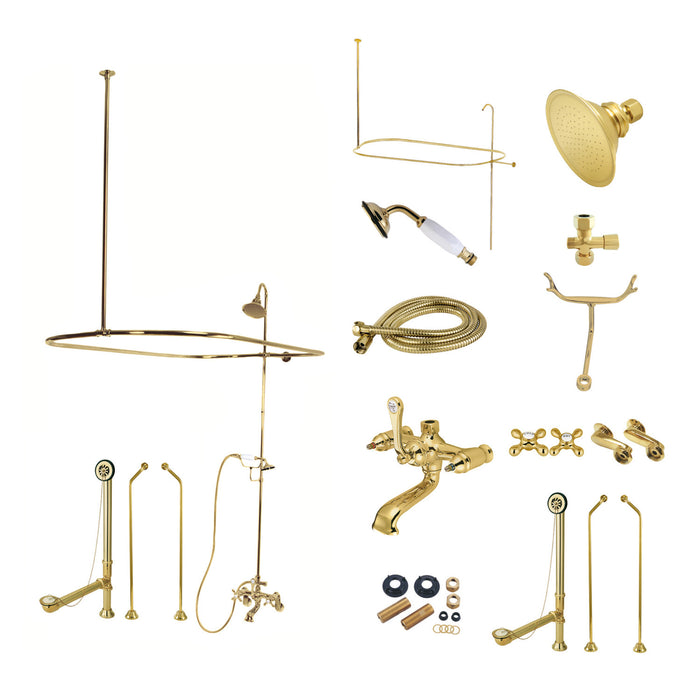 Kingston Heirloom CCK1182AX - Vintage Three-Handle 2-Hole Tub Wall Mount Clawfoot Tub Faucet Package with Shower Enclosure and Hand Shower, Polished Brass