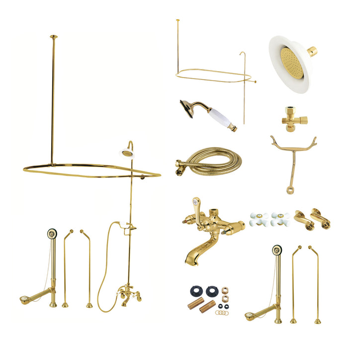 Kingston Heirloom CCK1182PX - Vintage Three-Handle 2-Hole Tub Wall Mount Clawfoot Tub Faucet Package with Shower Enclosure and Hand Shower, Polished Brass