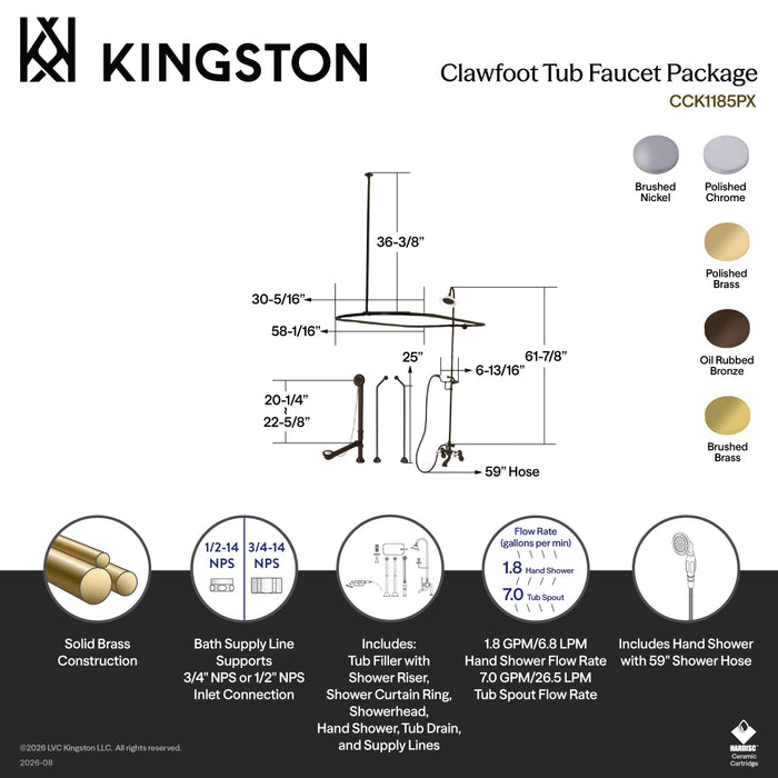 Kingston Heirloom CCK1187PX - Vintage Three-Handle 2-Hole Tub Wall Mount Clawfoot Tub Faucet Package with Shower Enclosure and Hand Shower, Brushed Brass