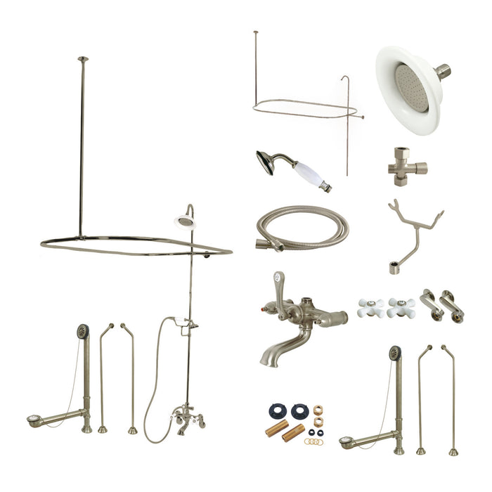 Kingston Heirloom CCK1188PX - Vintage Three-Handle 2-Hole Tub Wall Mount Clawfoot Tub Faucet Package with Shower Enclosure and Hand Shower, Brushed Nickel
