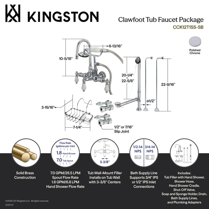 Kingston Heirloom CCK12T1SS-SB - Vintage Five-Handle 2-Hole Tub Wall Mount Clawfoot Tub Faucet Package with Supply Line, Hand Shower and Tub Drain, Polished Chrome