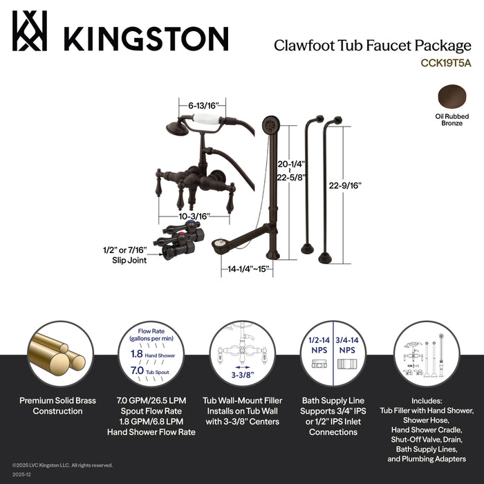 Kingston Heirloom CCK19T5A - Vintage Two-Handle 2-Hole Tub Wall Mount Clawfoot Tub Faucet Package with Supply Line, Hand Shower and Tub Drain, Oil Rubbed Bronze