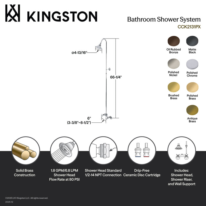 Kingston Heirloom CCK2131PX - Vintage Wall Mount Shower Combo, Polished Chrome