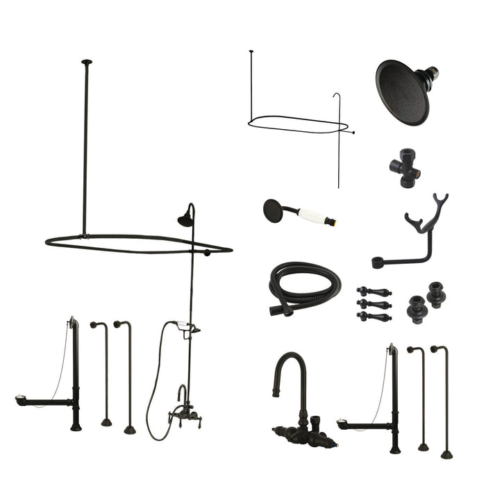 Kingston Tulare CCK2140AL - Vintage Three-Handle 2-Hole Tub Wall Mount Clawfoot Tub Faucet Package with Shower Enclosure and Hand Shower, Matte Black